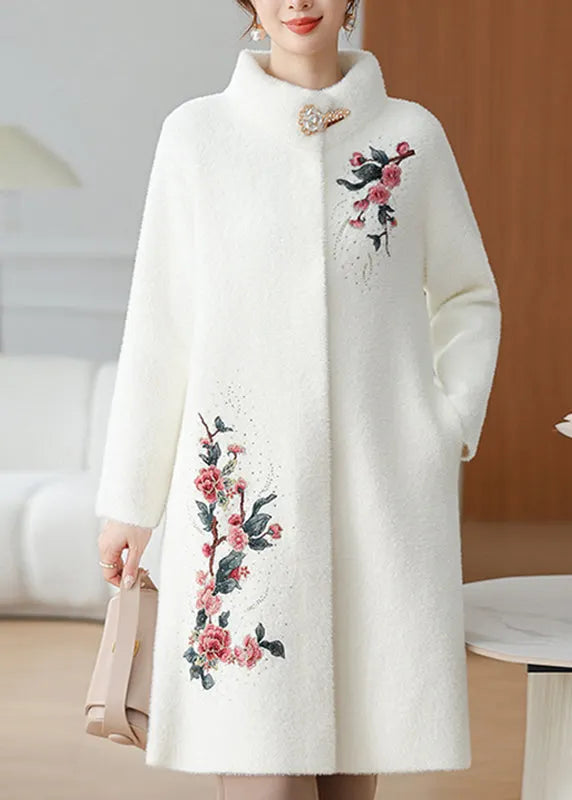 White Maxi Mink Velvet Coats Patchwork Button Winter