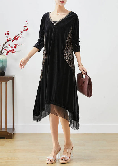 Black Oversized Patchwork Silk Velour Maxi Dresses Fall