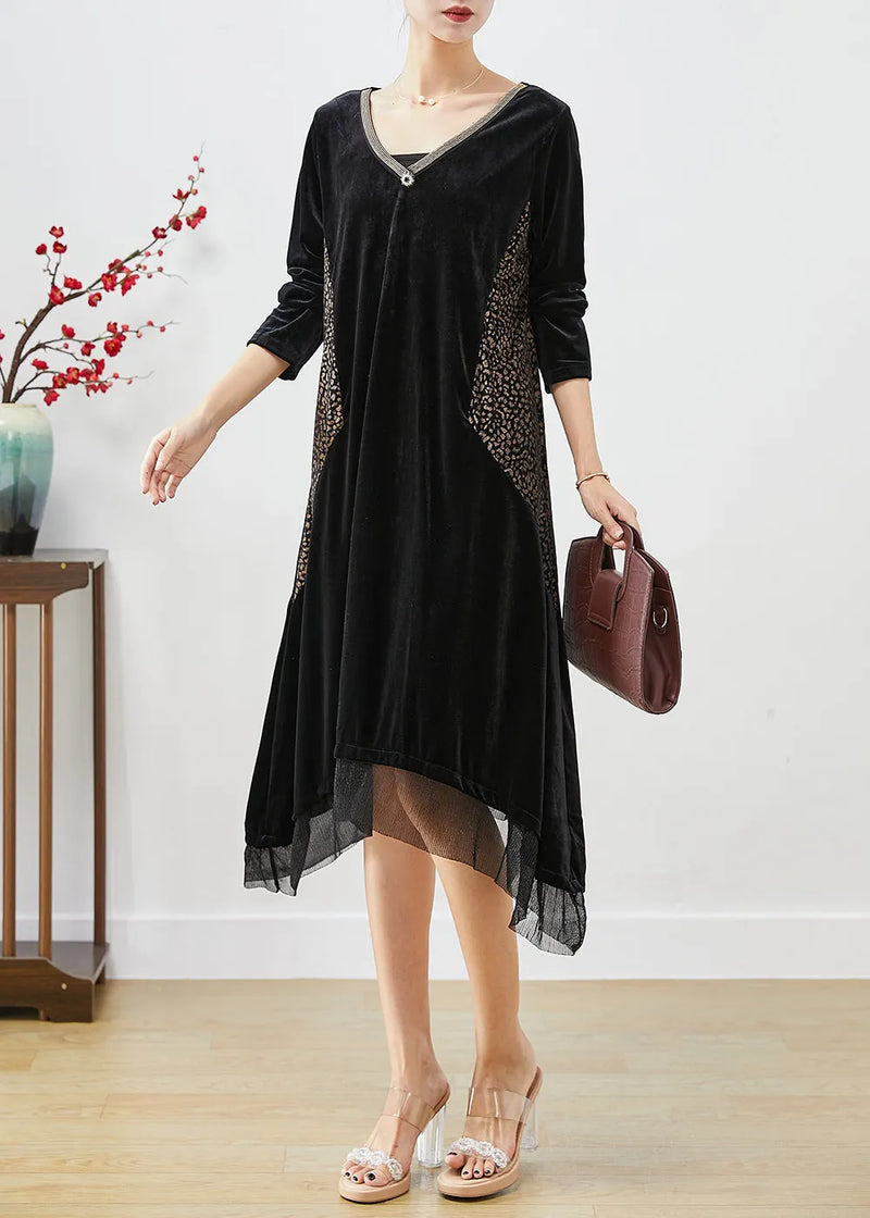 Black Oversized Patchwork Silk Velour Maxi Dresses Fall