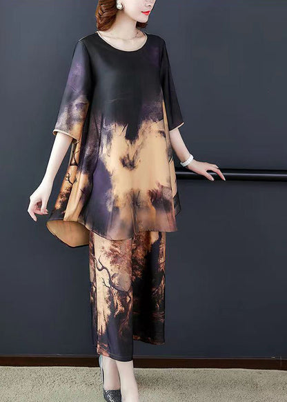 Stylish Original Colorblock O-neck Print Silk Tops and Wide Leg Pants Two Piece Set Half Sleeve