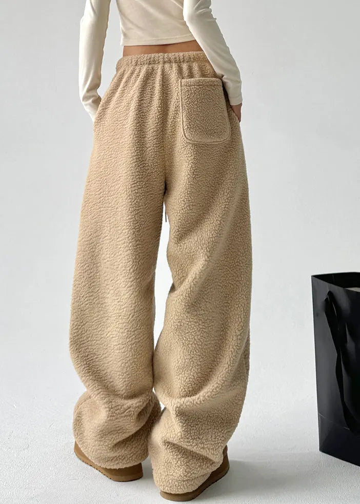 Yellow Pockets Drawstring Faux Fur Thick Trousers Spring