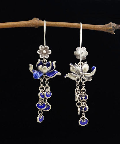 Blue Sterling Silver Cloisonne Lotus Tassel Drop Earrings
