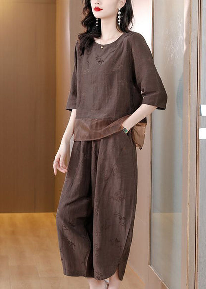 Brown Patchwork Linen Two-piece Set Oversized Jacquard Spring