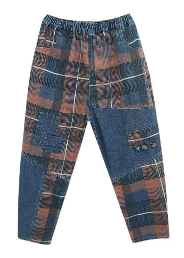 Style Blue Plaid Pockets Elastic Waist Patchwork Denim Pants Spring
