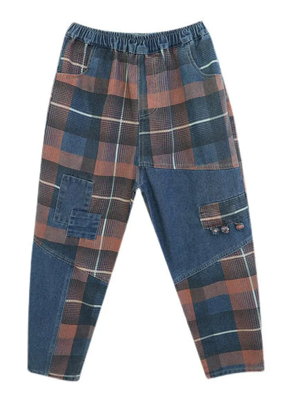 Style Blue Plaid Pockets Elastic Waist Patchwork Denim Pants Spring