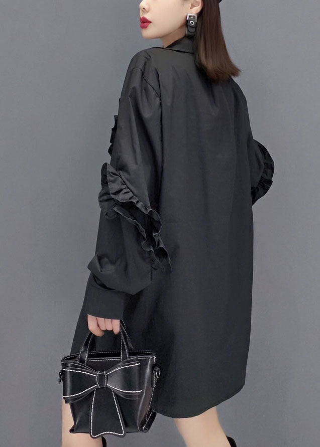 Black Peter Pan Collar Asymmetrical Ruffled Cotton Shirt Tops Spring