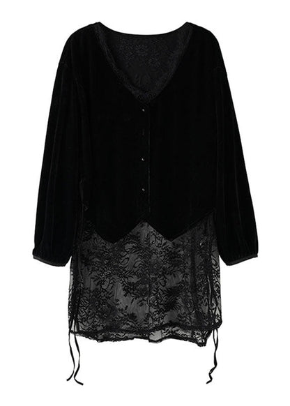 Black V Neck Lace Patchwork Silk Velour Top Long Sleeve