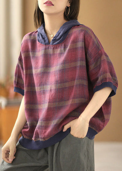 Rose Hooded Patchwork Striped Cotton Linen Top Short Sleeve
