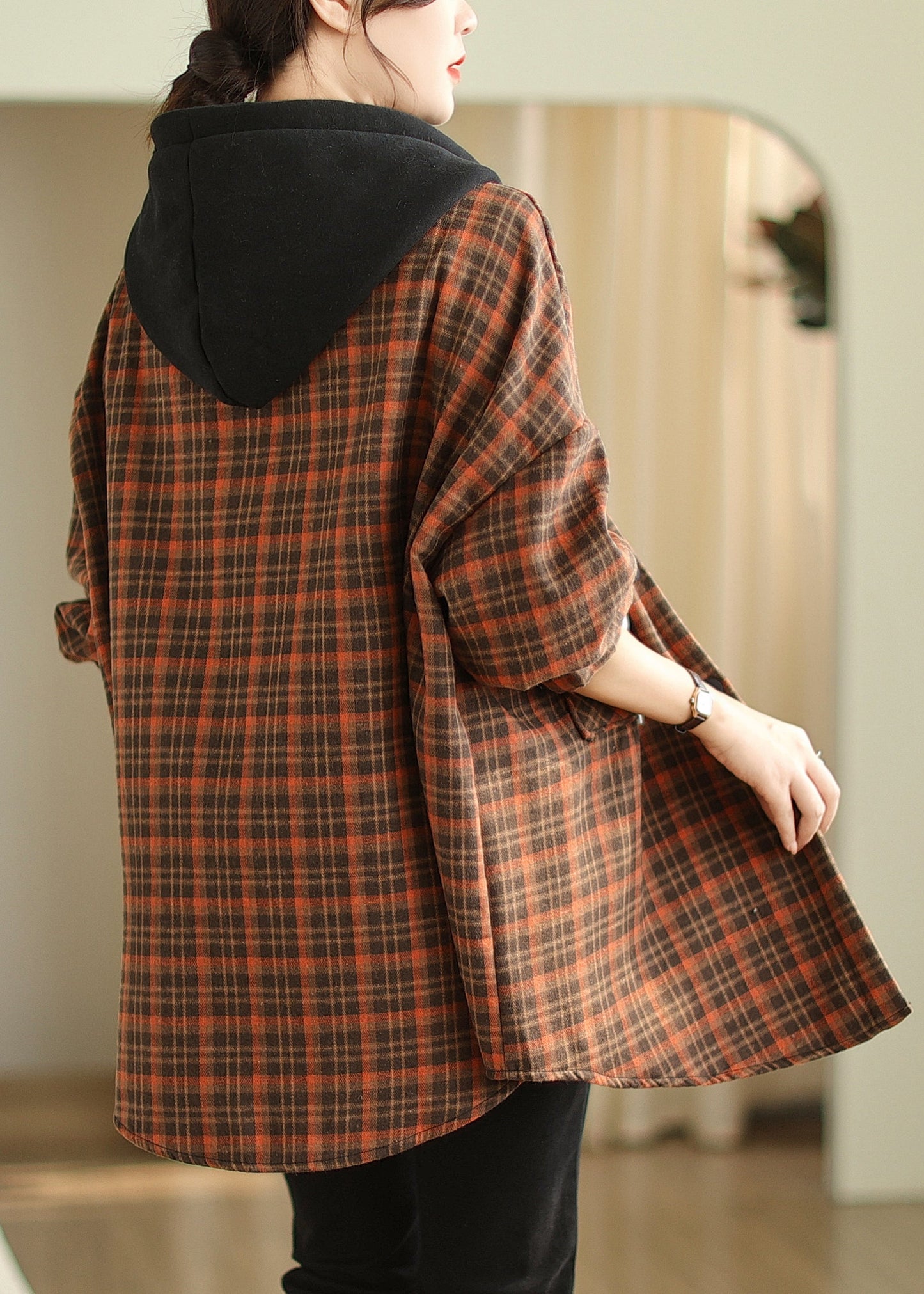 Orange Hooded Pockets Plaid Warm Fleece Jacket Winter