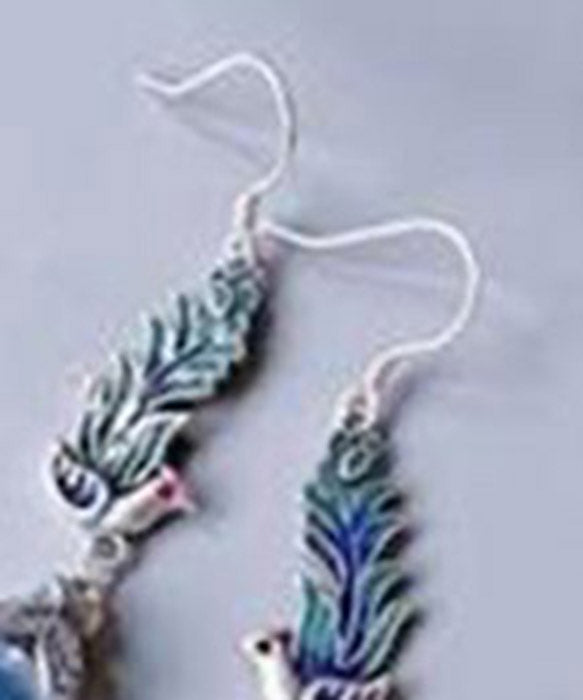 Blue Sterling Silver Cloisonne Enamel Phoenix Drop Earrings