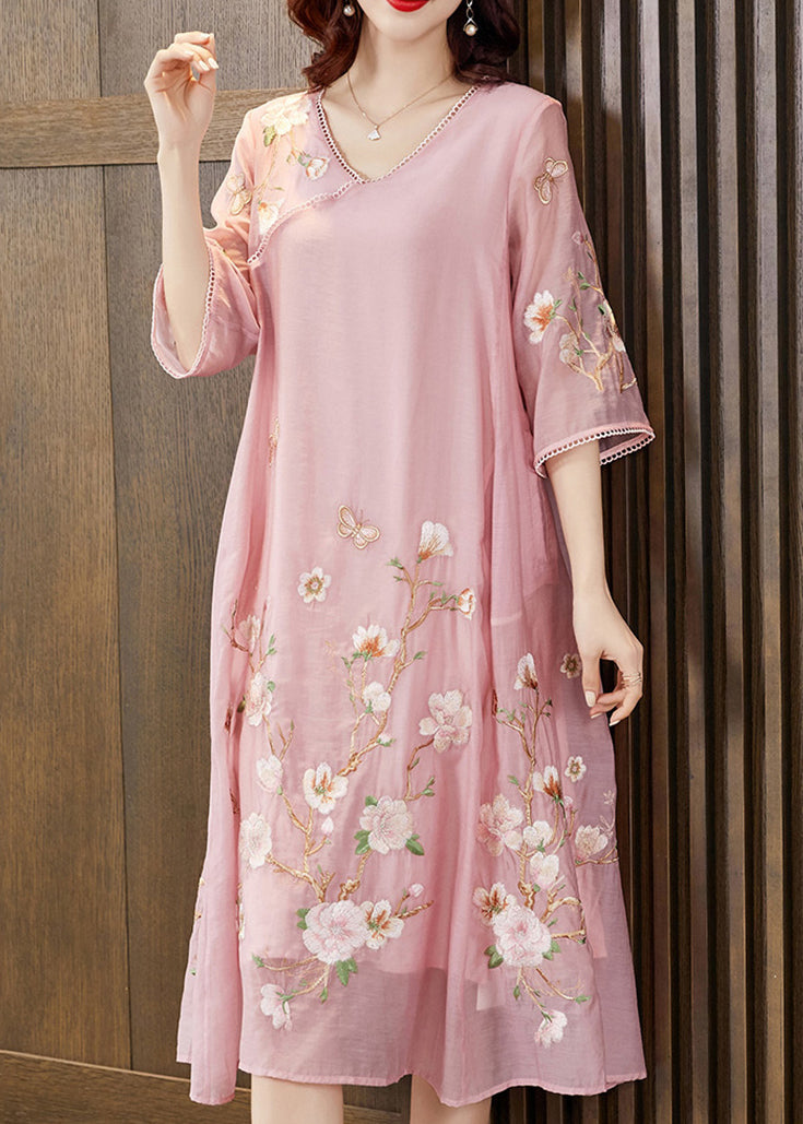 New Pink Embroidered Pockets Silk Cotton Dress Half Sleeve Summer