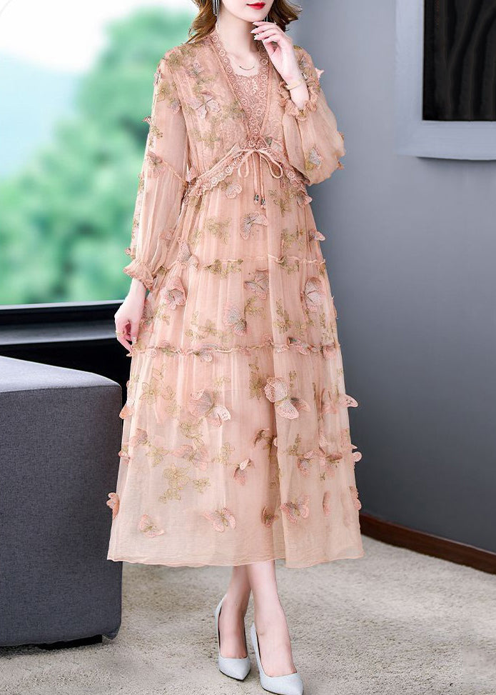 Art Pink Butterfly Lace Up Lace Patchwork Silk Long Dresses Spring