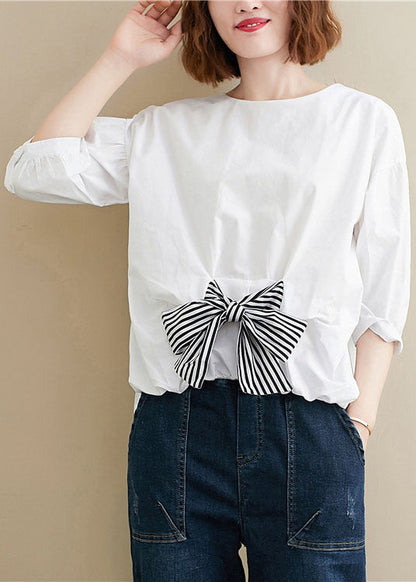 Simple White O-neck Bow Patchwork Fall Top Three Quarter Sleeve