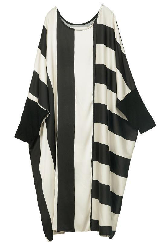 Style Black White Striped Chiffon Batwing Sleeve Spring Dress