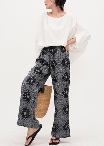 Grey Elastic Waist Print Cotton Straight Pants Summer