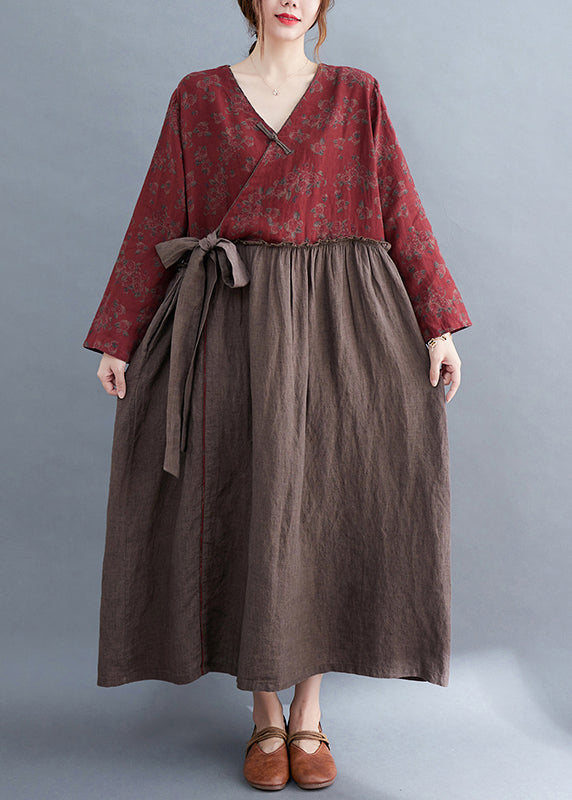 V Neck Tie Waist Ruffled Patchwork Print Linen Dress Long Sleeve