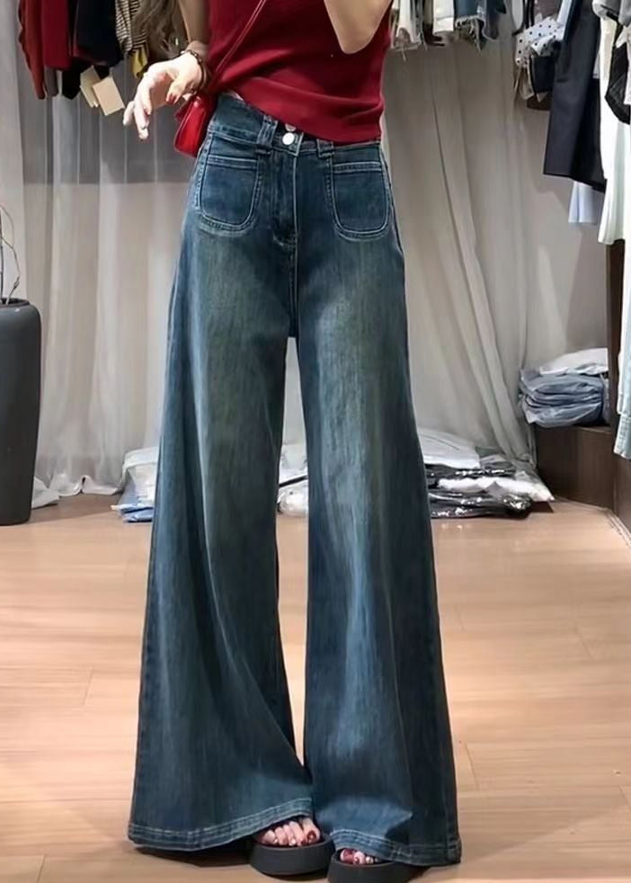 Navy High Waist With Pockets Denim Bell-bottom Trousers Fall