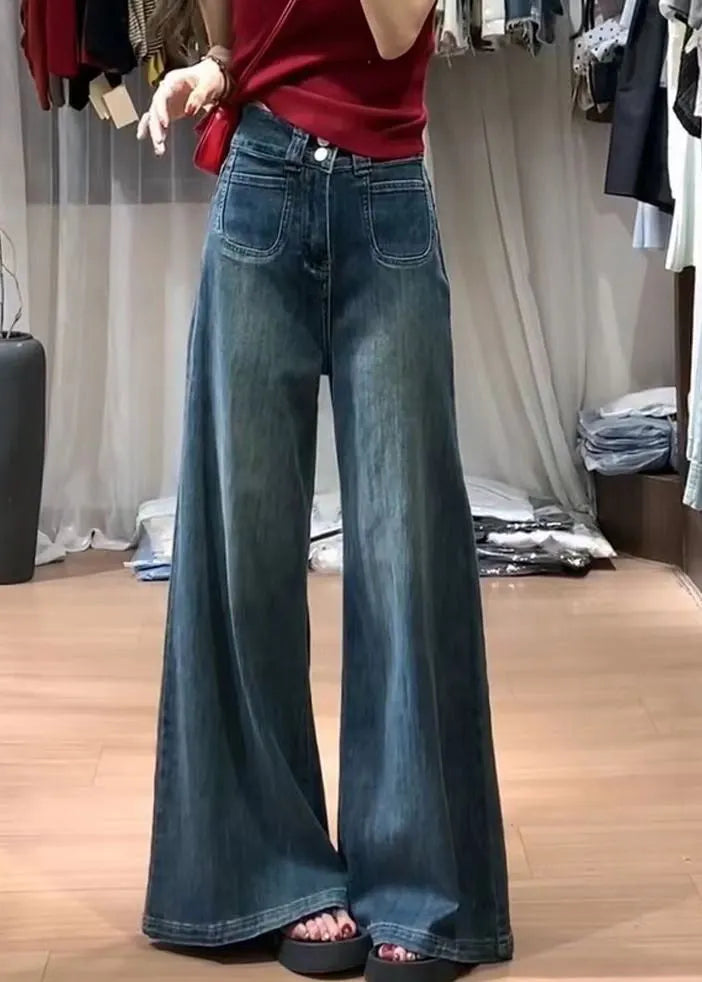 Navy High Waist With Pockets Denim Bell-bottom Trousers Fall