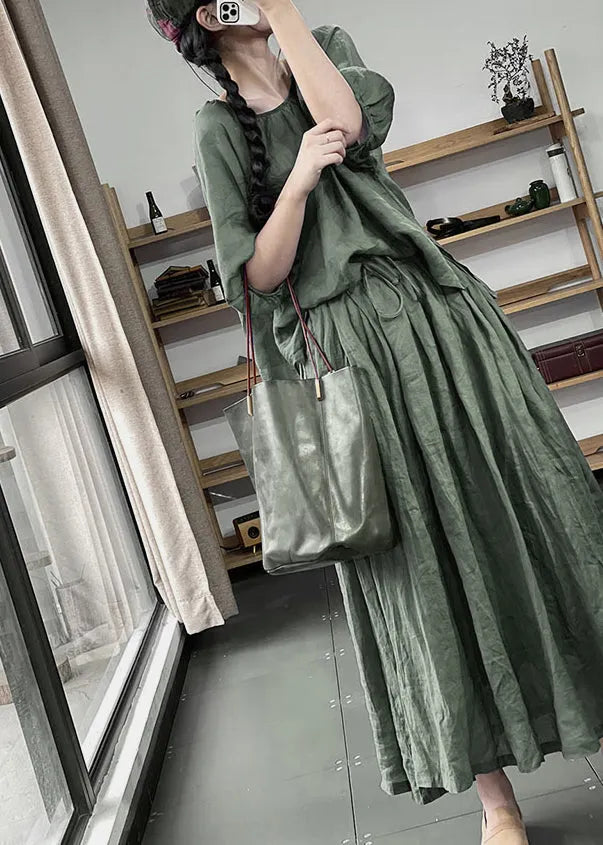 Green O-neck Top and a Line Skirts Two Pieces Set Summer