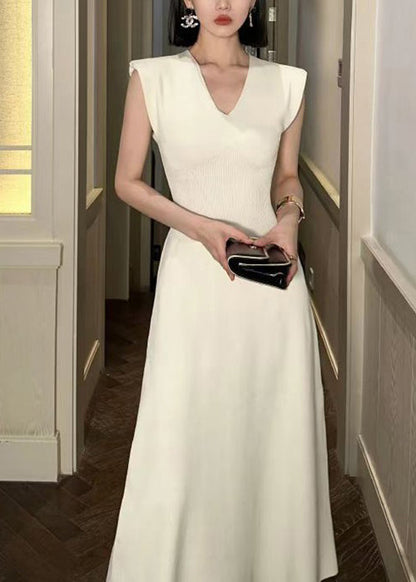 Beige V Neck Cotton Long Dresses Sleeveless