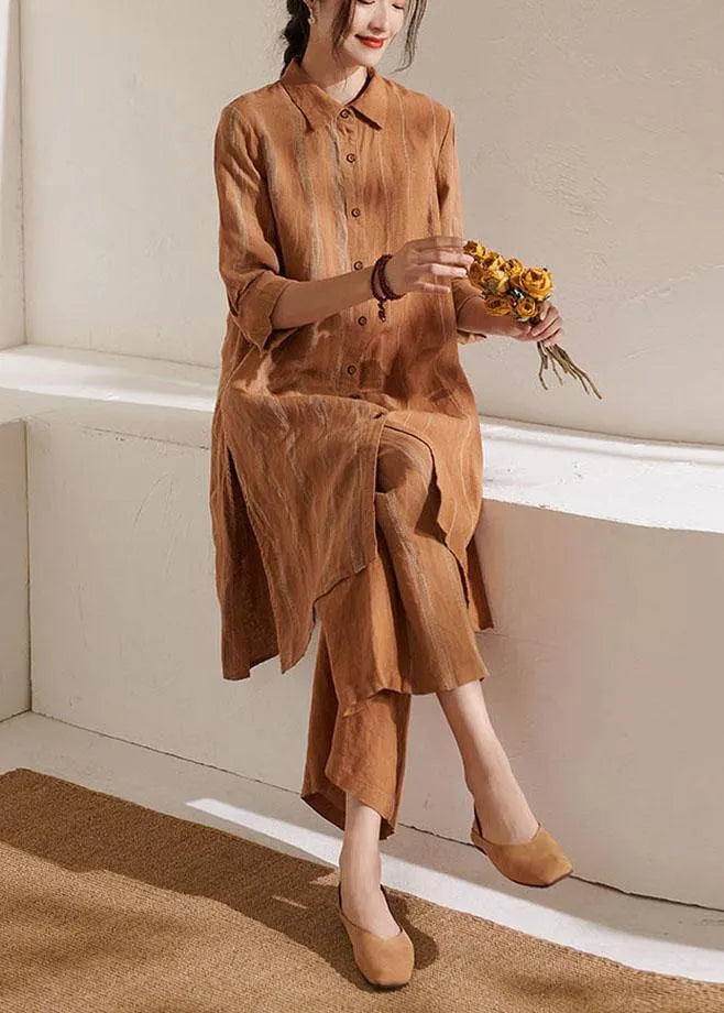 Caramel Side Open Long Shirts Wide Leg Summer Linen Two Pieces Set