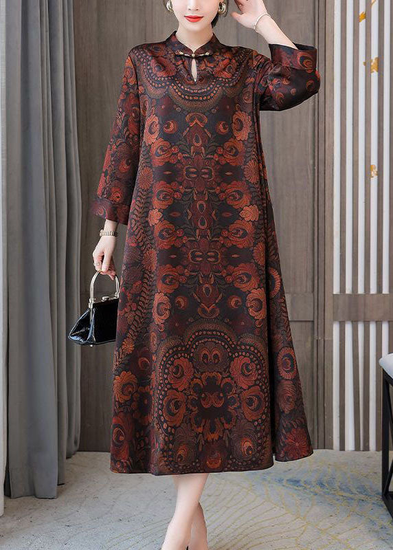 Dark Brown Print Mandarin Collar Silk a Line Dress Spring