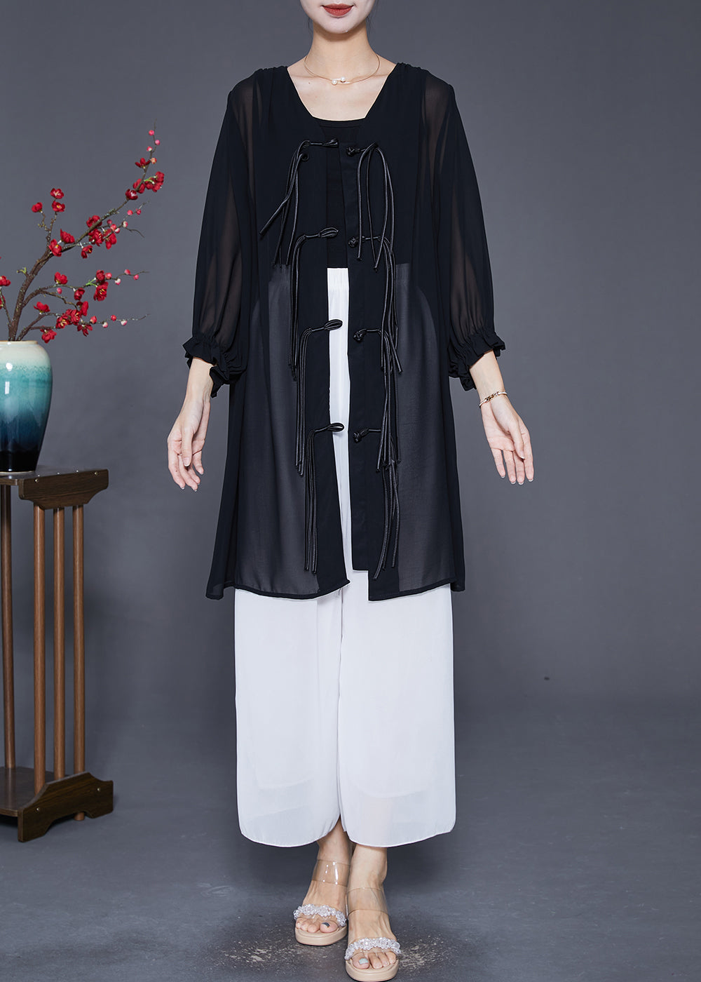Black Tasseled Chinese Button Chiffon Blouses Bracelet Sleeve