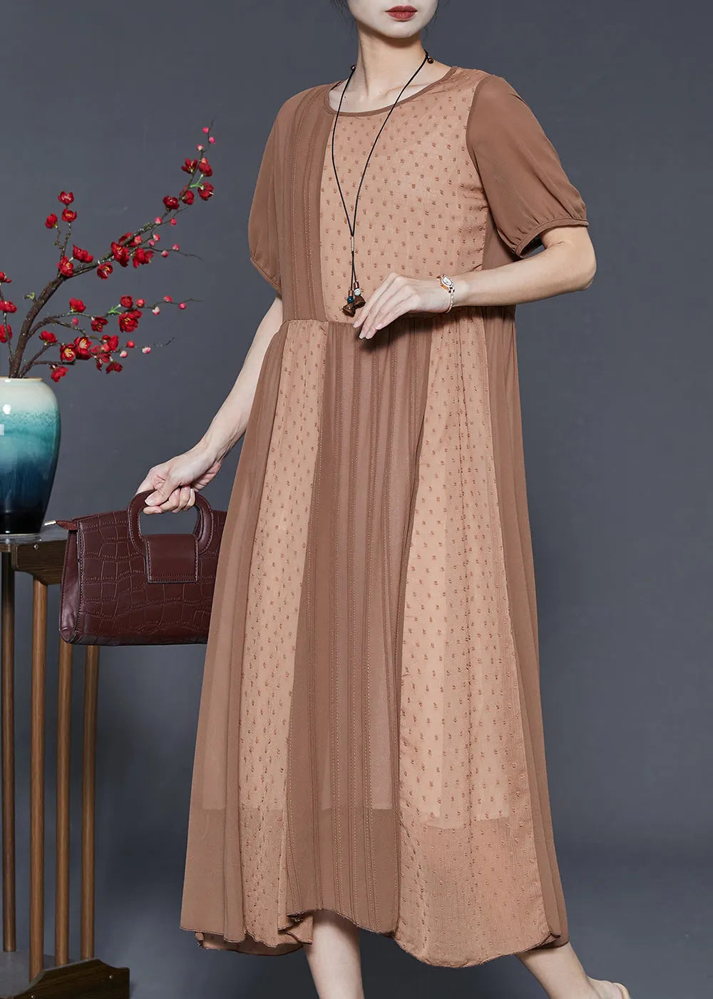 Khaki Patchwork Cotton Silk Pleated Dress Summer