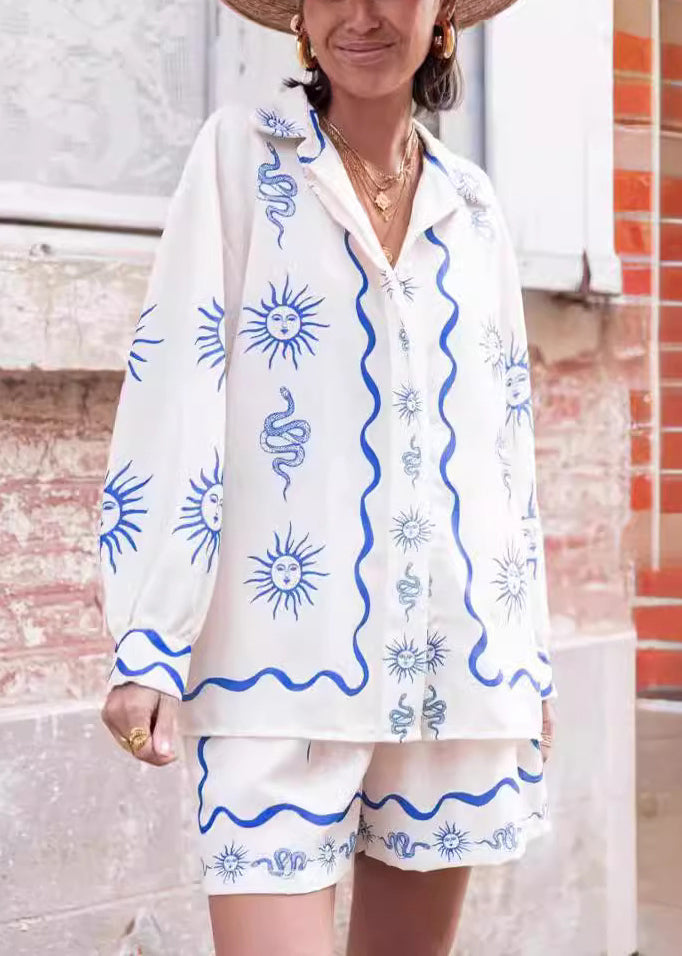 White Peter Pan Collar Print Elastic Waist Linen Two Pieces Set Spring