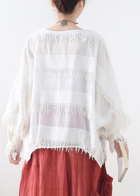 White Cotton Pullover Tops Tassel Side Open Lantern Sleeve