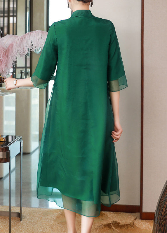 Green Stand Collar Embroideried Button Tulle Long Dresses Half Sleeve
