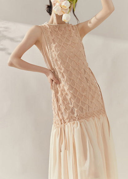 Handmade Champagne O-neck Tie Waist Tulle Patchwork Long Dress Sleeveless
