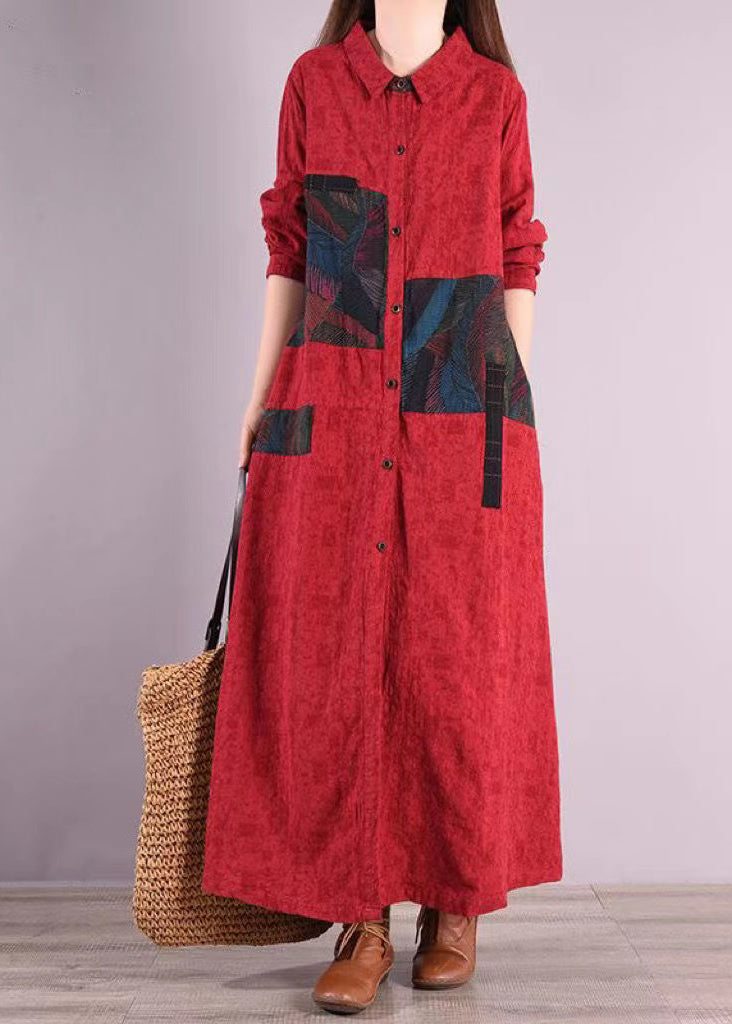 Red Peter Pan Collar Patchwork Cotton Shirts Dress Fall