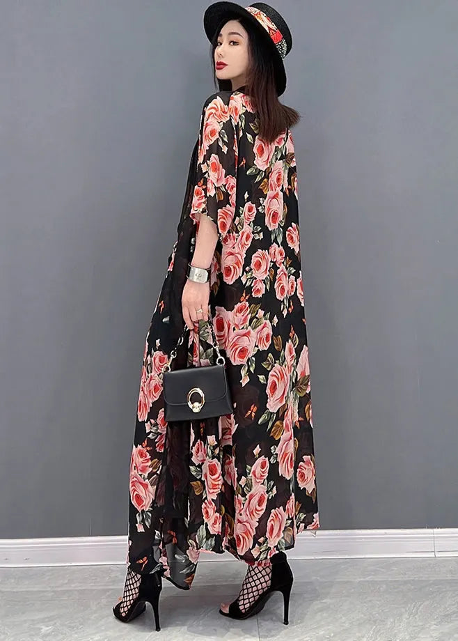 Black Print Draping Chiffon Sets 3 Pieces Summer