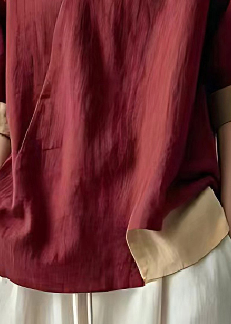 Dull Red Oversized Patchwork Linen Blouse Tops Summer