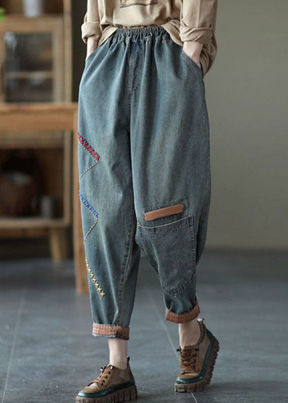 Blue Elastic Waist Asymmetrical Design Embroideried Cotton Jeans Spring
