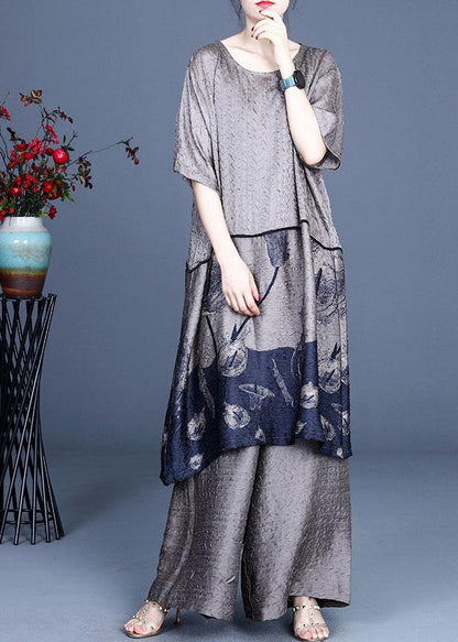 Blue Patchwork Print Long Clothes Wide Leg Two Pieces Set