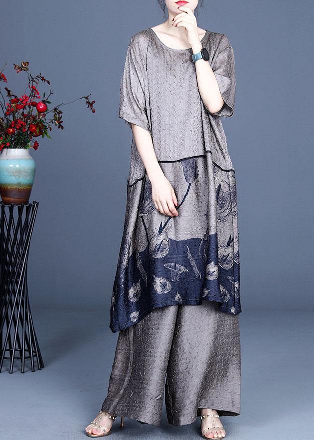 Blue Patchwork Print Long Clothes Wide Leg Two Pieces Set