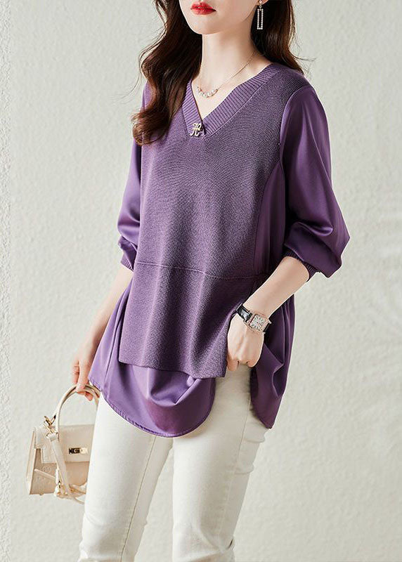 Purple V Neck Patchwork Knit Fake Two Piece Top Long Sleeve
