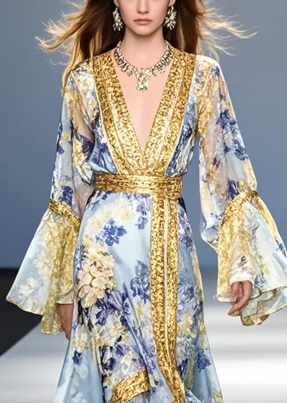 Blue Print Patchwork Chiffon Holiday Dress Flare Sleeve Spring