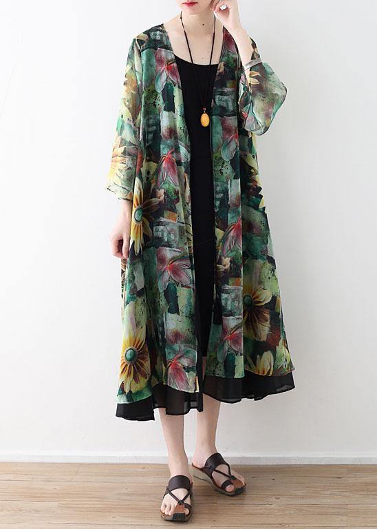 Green Print Long Sleeve Chiffon Long Cardigan