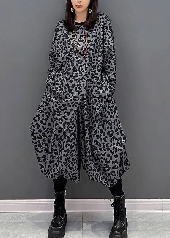 Dark Gray O-neck Asymmetrical Print Top and Harem Pants Two Piece Set Fall