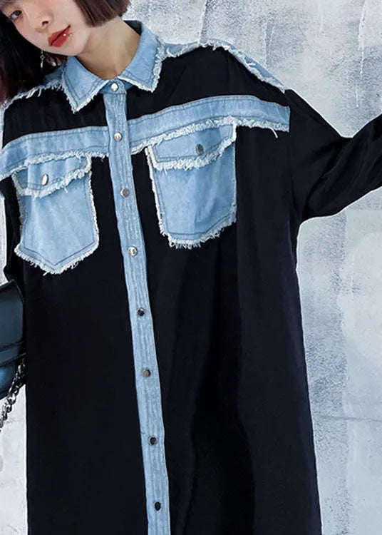 Black Pockets Patchwork Button Fall Dresses Long Sleeve