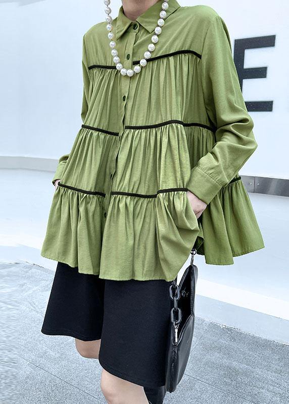 Organic Green Peterpan Collar Button Wrinkled Fall Blouses Long Sleeve