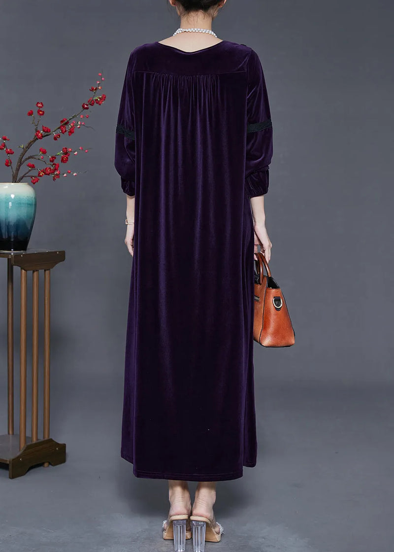 Dull Purple Patchwork Silk Velour Long Dress Oversized Fall