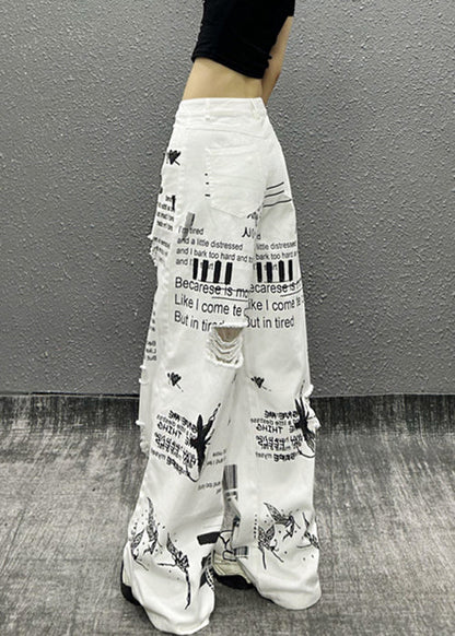 Modern White Print Hole High Waist Denim Wide Leg Pants Summer
