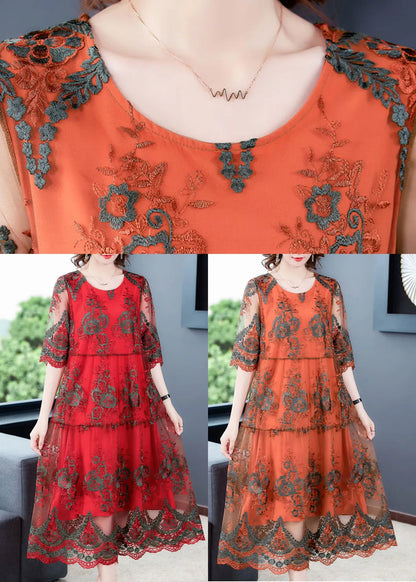 Orange Hollow Out Tulle Long Dress Embroideried Half Sleeve
