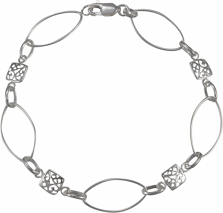 Light Marquise Oval Link Sterling Silver Bracelet With Filigree Squares - 7 1/2