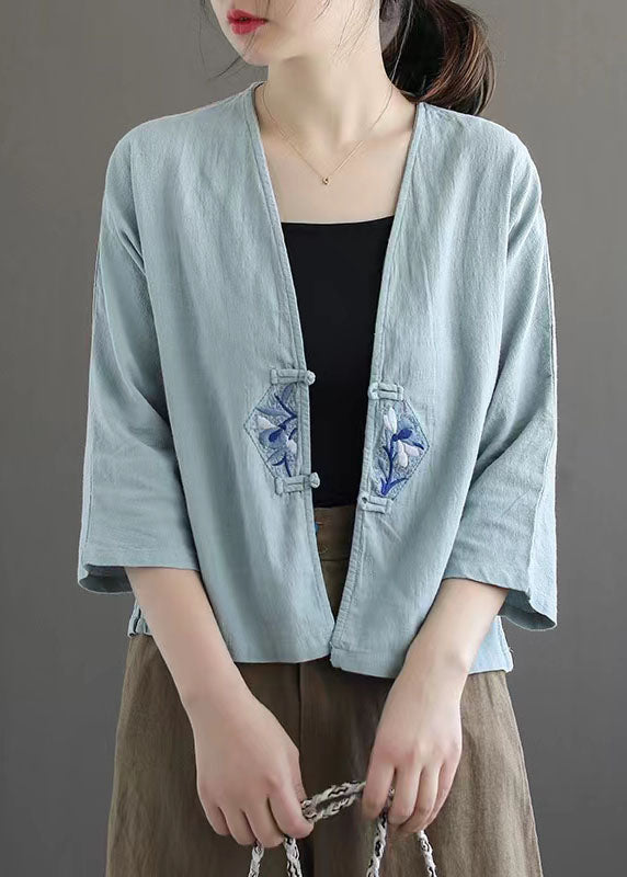 White Retro Embroideried Patchwork Summer Linen Blouse