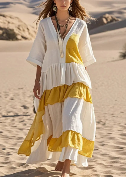 Stylish White Asymmetrical Patchwork Cotton Holiday Dress Bracelet Sleeve Summer